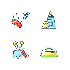 Kitchen appliance RGB color icons set. Food thermometer. Measure meat temperature. Butter dish. Egg coddler. Cheese grater. Cooking food. Recipe ingredient. Isolated vector illustrations