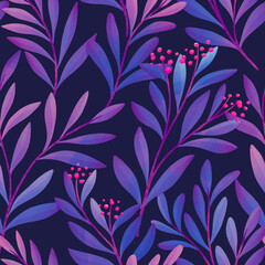 Seamless colorful floral pattern. Botanical illustration with leaves and flowers. Hand-drawn digital painting background for fabric, wallpaper, invitation, etc.