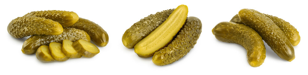 Marinated pickled cucumber isolated on white background with full depth of field. Set or collection