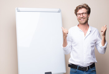 adult blonde businessman with a board