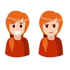 Red-haired woman. Set of girl emotions. Pigtail on head. Joy and sadness. Cute female character in red clothes for social network avatar. Smile and sad. Flat cartoon