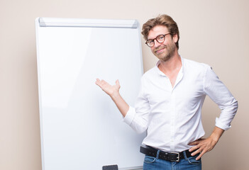 adult blonde businessman with a board