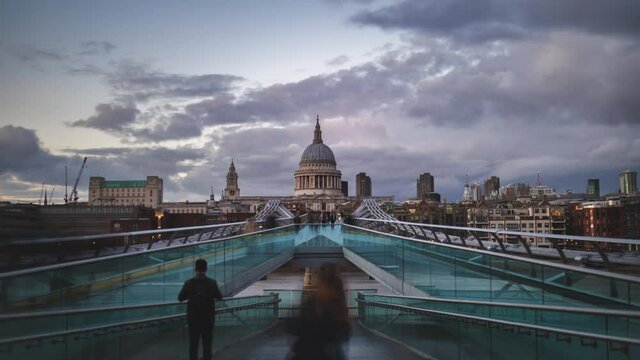 Millennium Bridge ramp with the St Paul Cathedral in the distance timelapse