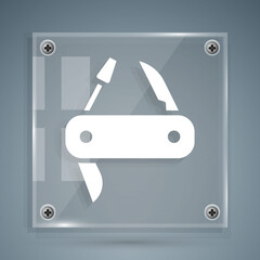 White Swiss army knife icon isolated on grey background. Multi-tool, multipurpose penknife. Multifunctional tool. Square glass panels. Vector.