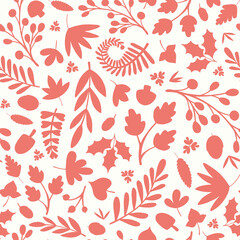 Woodland leaves and berries silhouette pattern background. Tossed Autumn vector seamless repeat design.