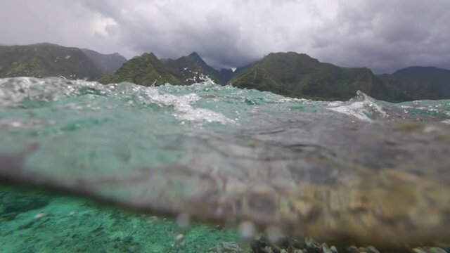 Low angle, view of Tahiti mountains from ocean