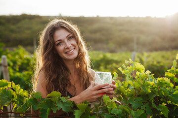 beautiful woman in dress with a glass of wine at a picnic in the vineyard