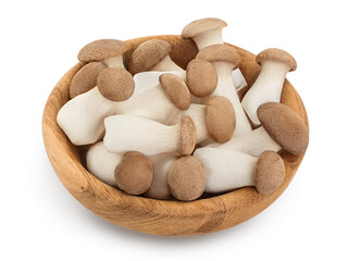 King Oyster mushroom or Eringi in wooden bowl isolated on white background with clipping path and full depth of field.