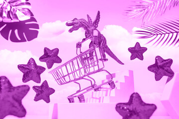 A golden dinosaur on wings with a trolley descends the stairs for shopping, around the sky, red stars, palm leaves, the concept of a big sale, Black Friday