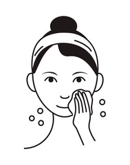 Washing face icon vector. Girl shows how to cleaning, whiting face and use cosmetic cleanser. Info-graphic in outline style illustration isolated