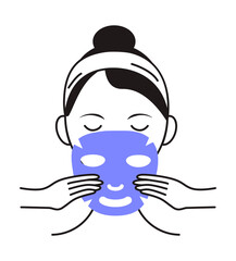 Obraz na płótnie Canvas Facial mask sheet applying icon vector. Girl shows how to cleaning, whiting face and use cosmetic mask. Info-graphic in outline style illustration isolated