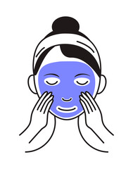 Obraz na płótnie Canvas Facial mask sheet applying icon vector. Girl shows how to cleaning, whiting face and use cosmetic mask. Info-graphic in outline style illustration isolated