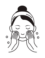 Washing face icon vector. Girl shows how to cleaning, whiting face and use cosmetic cleanser. Info-graphic in outline style illustration isolated