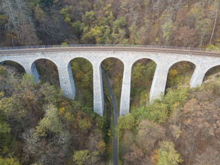 Aerial top view of stone Railway Viaduct near Prague, Czech republic. Old Czech railway line....