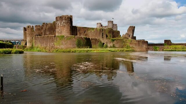 Panoramic shot revealing of Caerphilly Castle in Wales, UK built by Gilbert de Clare in 1268 to  maintain control of Glamorgan
