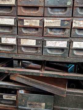 Industrial Cabinet Drawers All Rusty in an Engineers Workshop