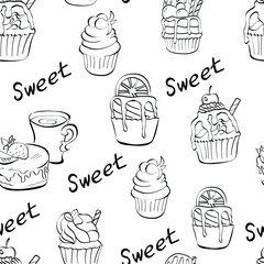 Cake, sweet, tasty hand drawn vector seamless pattern isolated on white background. Concept for wallpaper, wrapping paper, cards, menu