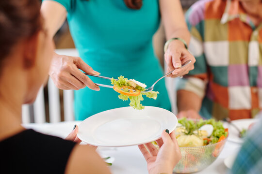 Close-up image of housewife putting salad in plate of female guest at house party
