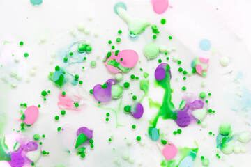 Closeup abstract color mixing of water, acrylic, oil and milk