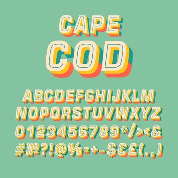Cape cod vintage 3d vector alphabet set. Retro bold font, typeface. Pop art stylized lettering. Old school style letters, numbers, symbols pack. 90s, 80s creative typeset design template