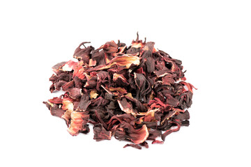 Soft focus. Dried hibiscus or sudan rose isolated on white background.