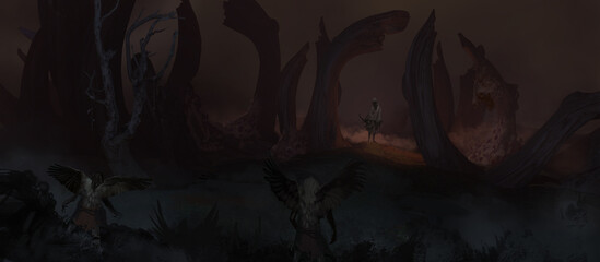 Digital painting of evil mythological harpy creatures stalking a wandering adventurer - fantasy illustration