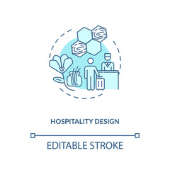 Hospitality design blue concept icon. Comfortable hotel. Guest house. Natural materials in interior. Biophilia idea thin line illustration. Vector isolated outline RGB color drawing. Editable stroke