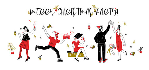 Christmas party background or poster template with cartoon people and Christmas greeting text, vector illustration. New Year or Xmas party invitation design with funny dancing personages.