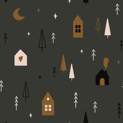Seamless pattern with Christmas trees, moon, stars and cute scandinavian houses. Creative hand drawn textures for wallpaper, pattern fills, web page background, wrapping paper.