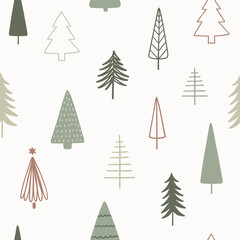 Christmas season vector seamless pattern. Hand drawn texture with Christmas trees for wallpaper, pattern fills, web page background, wrapping paper.. - 392937996