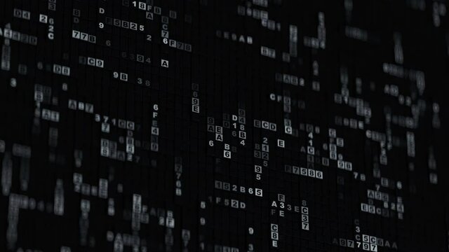 Hexadecimal big data digital code. Futuristic information technology concept. Computer generated seamless loop 3D render animation with DOF