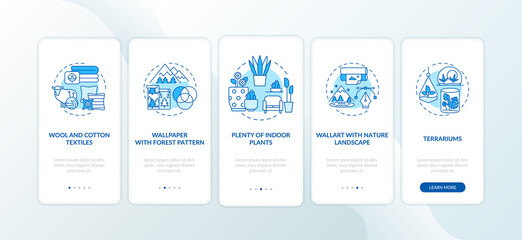 Living space with greenery blue onboarding mobile app page screen with concepts. Cotton textile. Biophilia walkthrough 5 steps graphic instructions. UI vector template with RGB color illustrations