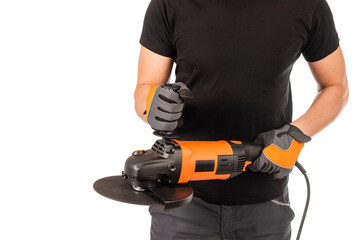Man with angle grinder on white background.