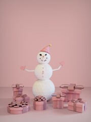 3d Render. Festive Christmas Snowman Happy New Year Concept, vertical, pink