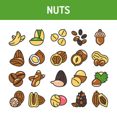 Nuts and seeds color line icons set. Isolated vector element. Outline pictograms for web page, mobile app, promo.