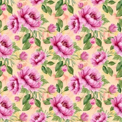 Behang seamless pattern of delicate pink peonies flowers watercolor illustration on a pink background. hand painted for wedding invitations, decor and design © Lana