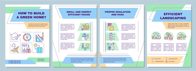 Green home brochure template. Sustainable building for living. Flyer, booklet, leaflet print, cover design with linear icons. Vector layouts for magazines, annual reports, advertising posters