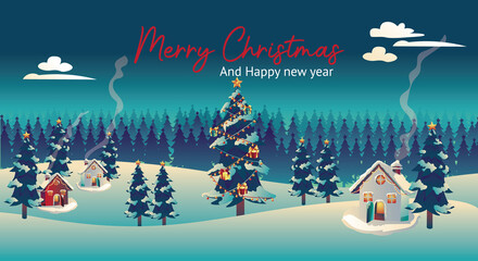 Christmas and Happy new year characters like Santa Claus, reindeer, scooter, and snowman holding gift with Merry Christmas greeting tree in Blue backgrounds. pine Full Moon, Vector Illustration 