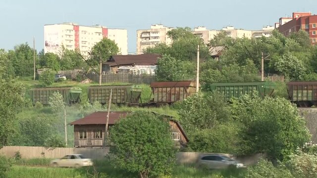 The Ural town of Chusovoy is surrounded by greenery in summer.