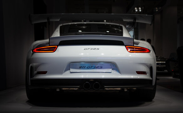 Berlin, Germany - May 23, 2016: A picture of the rear view of the Porsche 911 GT3 RS, captured in an auto shop in Berlin.