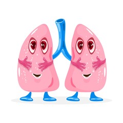 Happy cute lungs smiling. Vector organ with eyes, legs and hands. Body and health system. Lungs therapy, respiratory and pulmonology idea. Isolated on white background