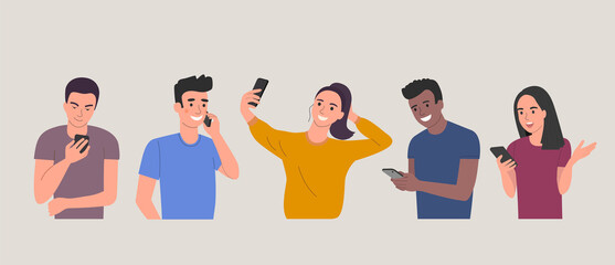 Different young people look into the smartphones. Vector flat cartoon style  illustration