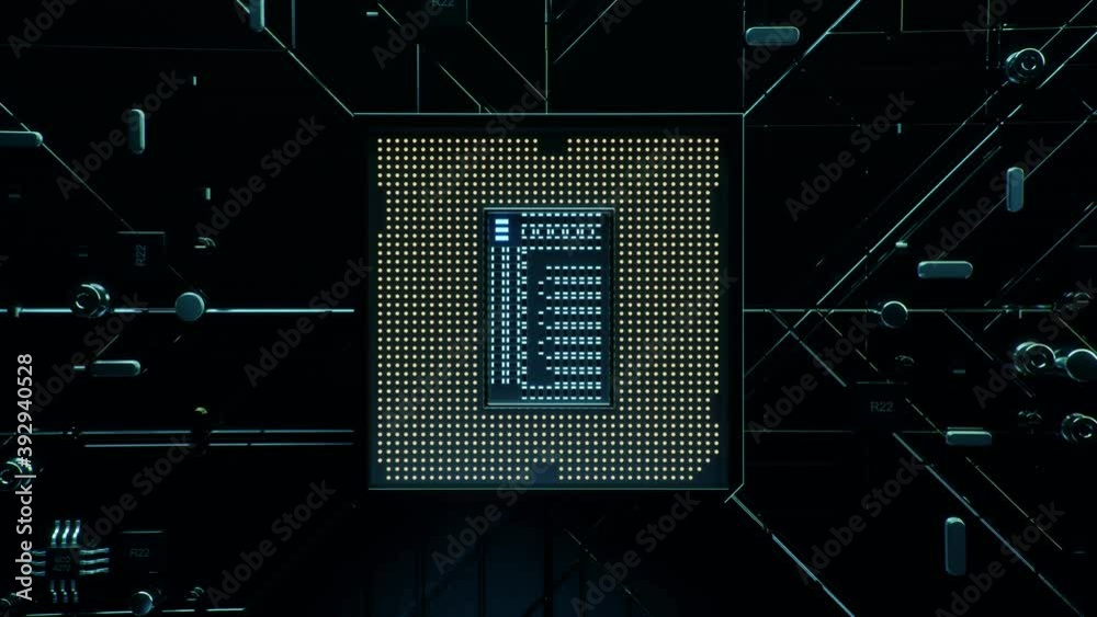Poster technological background with cpu and circuit board. flying cpu and installation in center circuit b