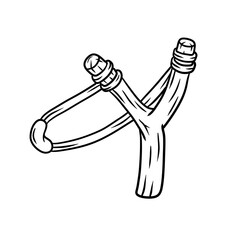 Slingshot. Wooden catapult. Black and white Children toy for throwing stones. Shooting and small rock. Sketch cartoon illustration isolated on white background