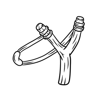 recommend clip art: Slingshot. Wooden catapult. Black and white Children toy for throwing stones. Shooting and small rock. Sketch cartoon illustration isolated on white background