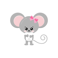 Cute mouse hold baby tooth in paws isolated on white background. Funny little mice girl took milk tooth concept. Flat design adorable rat cartoon dental character vector illustration.
