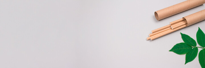 Banner - mockup image of brown paper straws packed in kraft paper tube or container with green leaves around it, on light grey background with copyspace. Sustainable lifestyle and zero waste concept.