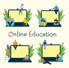 Webinar online concept illustration. Young man uses video chat on desktop and laptop to make conference. Work remotely from home. Flat modern vector illustration.