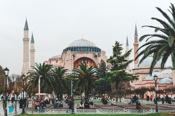 Ayasofia Mosque in Istanbul with a promenade and palm trees. Landmark of Turkey.