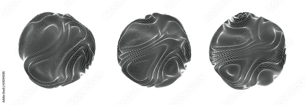 Poster Glitched and distorted spheres, organic morphing 3d blob set. Concept of data visualization, graph of mathematical function, generative computer art.
